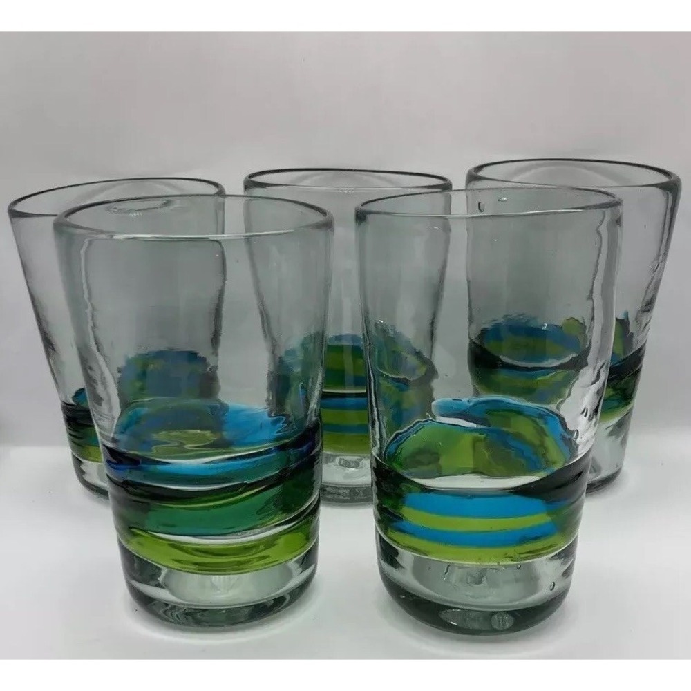 5 Hand Blown Art Glass Drinking Tumblers 16 oz Cobalt Blue Aqua Green Rings EXC